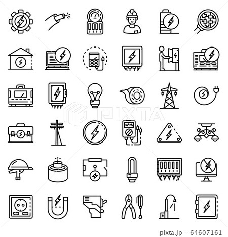 Electrician service icons set, outline style Electrician service icons set, outline style 64607161
