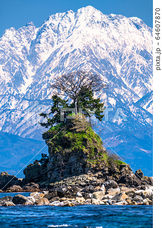 富山県 雨晴海岸 女岩と立山連峰の写真素材