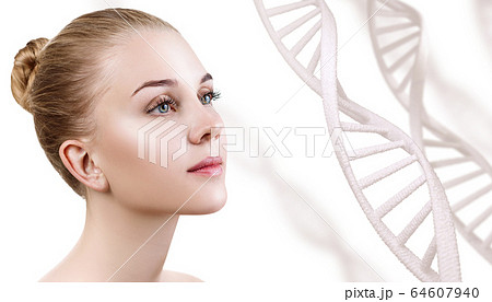 Portrait of sensual woman among DNA chains. 64607940