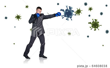 Young businessman hit the coronavirus cells. 64608038
