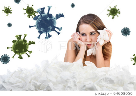 Young sad woman with a lot of hankys among coronavirus cells. Young sad woman with a lot of hankys among coronavirus cells. 64608050