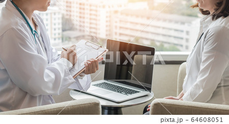 Menopause woman, stressful patient consulting with doctor or psychiatrist who diagnostic examining on obstetric - gynaecological female illness, or mental health in medical clinic or hospital 64608051