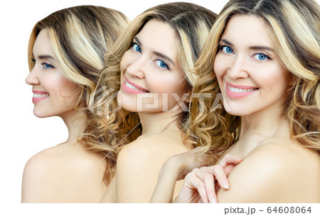 Collage of blonde woman with wavy hair. Collage of blonde woman with wavy hair. 64608064