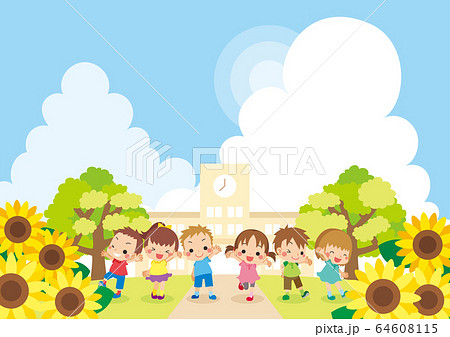 晴れた夏の日に学校の前で微笑む元気一杯の小学生のイラスト素材