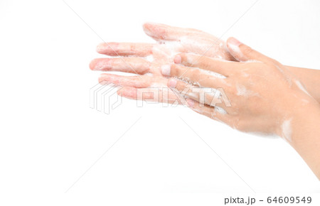 Woman use soap and washing hands isolated on white Woman use soap and washing hands isolated on white 64609549
