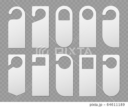 Door hangers. Realistic plastic door handle lock hangers template, empty paper knob label mockup. Hotel service private message vector set 64611189