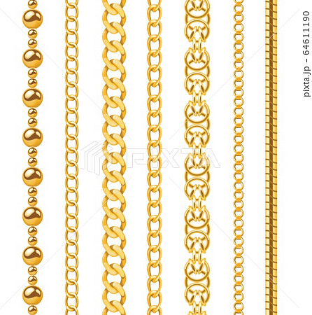 Golden chain. Seamless luxury chains of different shapes, realistic gold jewelry links, metal golden elements repeating pattern vector set Golden chain. Seamless luxury chains of different shapes, realistic gold jewelry links, metal golden elements repeating pattern vector set 64611190