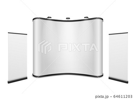 Show booth with roll up banners. Advertisement billboard, empty info stand template. White exhibition promotion presentation vector mockup 64611203