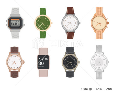 Wrist watch. Mens and womens mechanical, digital and smart watches with different bracelets and straps classy design flat vector set 64611206