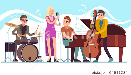 Jazz musicians. Music performing, funky musicians with saxophone, trumpet and drums, jazz festival vintage party vector characters Jazz musicians. Music performing, funky musicians with saxophone, trumpet and drums, jazz festival vintage party vector characters 64611284