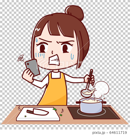 スマホでレシピを見ながら料理する女性　イライラVer. 64611719