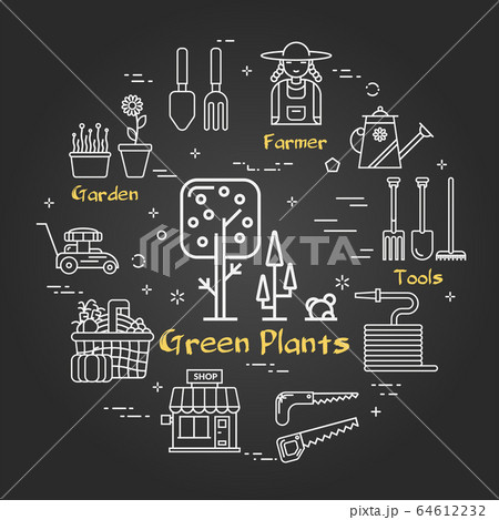 Vector linear black gardening and farming - Green Plants Vector linear black gardening and farming - Green Plants 64612232