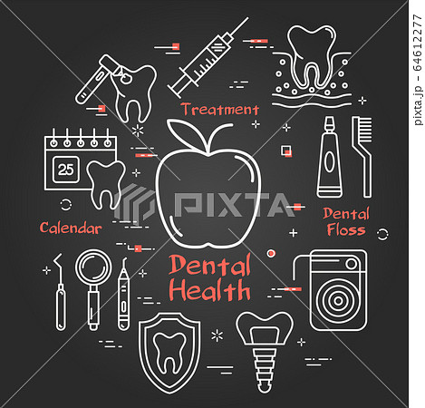 Vector black line round concept - apple dental health 64612277