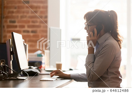 Serious businesswoman talking on phone using computer in office Serious businesswoman talking on phone using computer in office 64612486