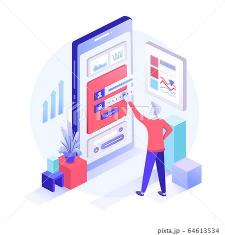 Registration form or login user interface. A man stands in front of inputted secured data. A big mobile screen is full of simple infographic elements. Isometric flat vector illustration for UI banner 64613534