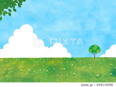 夏の空と草原と木水彩のイラスト素材