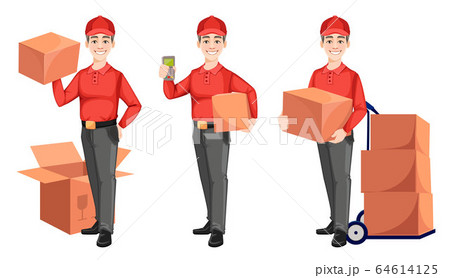 Courier with carton boxes, set of three poses Courier with carton boxes, set of three poses 64614125