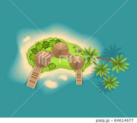 Top view island. View from a height on a tropical island in the ocean. Vector cartoon tropical paradise sea island shore. Good sunny day Top view island. View from a height on a tropical island in the ocean. Vector cartoon tropical paradise sea island shore. Good sunny day 64614677