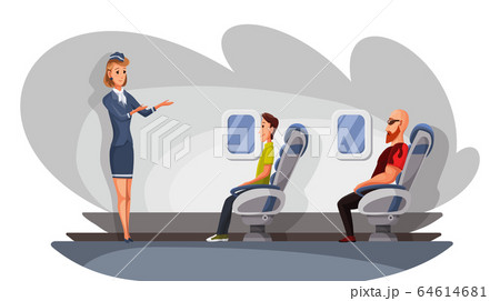 Airplane crew and passenger characters in plane. Airline transportation service. Stewardess give instruction to happy people sitting on chairs in business class of aircraft 64614681