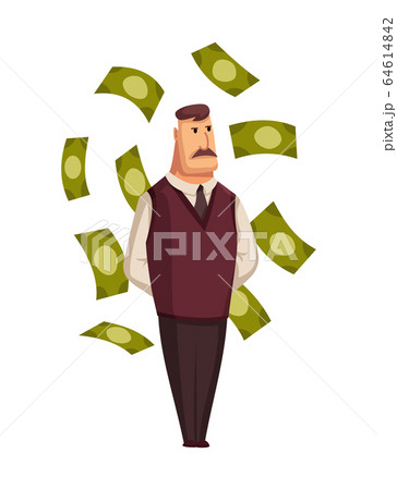 Vector cartoon rich people. Happy super rich successful businessman with huge green money bills pile. Very rich man bathing In his money, happy millionaire magnate male Vector cartoon rich people. Happy super rich successful businessman with huge green money bills pile. Very rich man bathing In his money, happy millionaire magnate male 64614842