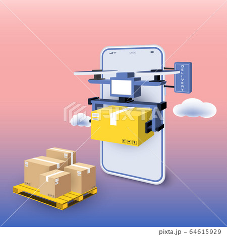 Drone express delivery with package against world Drone express delivery with package against world 64615929