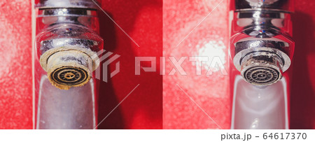 Water tap in detail with limescale close up soiled bathroom Calcified faucet. repairs faucet aerator cleaning with steam cleaner before and after the procedure Water tap in detail with limescale close up soiled bathroom Calcified faucet. repairs faucet aerator cleaning with steam cleaner before and after the procedure 64617370