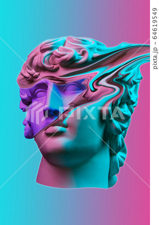 Plaster sculpture of young man face in a pop art style. Statue of Antinous head. Creative concept colorful neon image with ancient roman sculpture Antinous head. Cyberpunk, webpunk and surreal style. Plaster sculpture of young man face in a pop art style. Statue of Antinous head. Creative concept colorful neon image with ancient roman sculpture Antinous head. Cyberpunk, webpunk and surreal style. 64619549