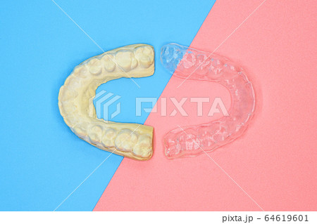Dental plaster mold and orthodontic silicone trainer. Mobile orthodontic appliance for dental 64619601