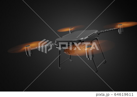 3d rendering of black drone with orange propellers, and black camera attached, flying on dark gray gradient background. 3d rendering of black drone with orange propellers, and black camera attached, flying on dark gray gradient background. 64619611