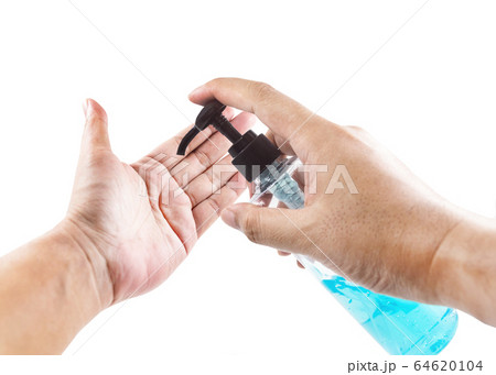 Hands using wash hand sanitizer gel pump Hands using wash hand sanitizer gel pump 64620104