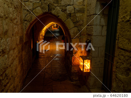 Chanuka lights on old jerusalem city street 64620180