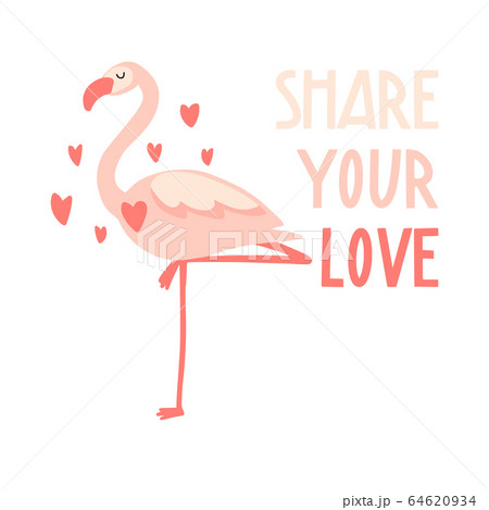 フラミンゴです❤︎ Share your love. Cute hand drawn pink flamingoのイラスト素材