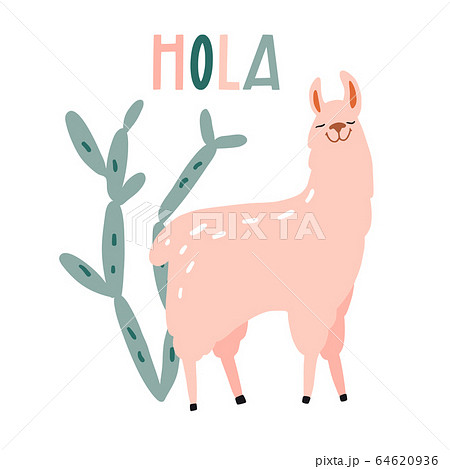 Hola. Cute hand drawn smiling lama and cactus 64620936