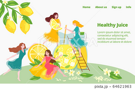 Healthy juice preparation, fruit diet drink cooking, health lifestyle, girls prepare fresh lemon beverage vector illustration. 64621963