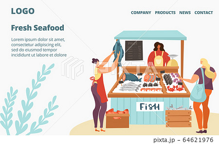 Fresh fish and seafood sale market or store webpage template flat vector illustration, sea food in ice, customers and seller. 64621976