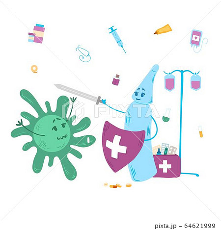Antivirus background vaccine protects against bacteria, vector illustration. Flask with liquid hold sword and shield, resist. 64621999