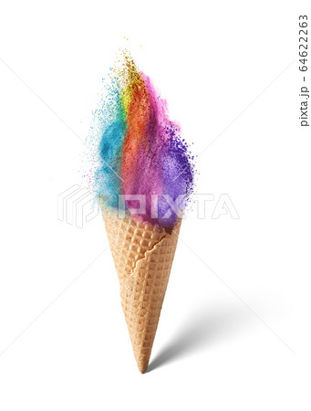 Ice cream from multicolored dust explosion in a waffle cone. Ice cream from multicolored dust explosion in a waffle cone. 64622263