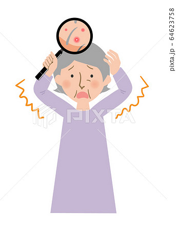 頭皮に赤い吹き出物が出来て悩むおばあちゃんのベクターイラストのイラスト素材