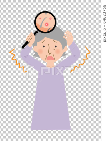 A vector illustration of a grandma suffering from a red pimple on her scalp A vector illustration of a grandma suffering from a red pimple on her scalp 64623758