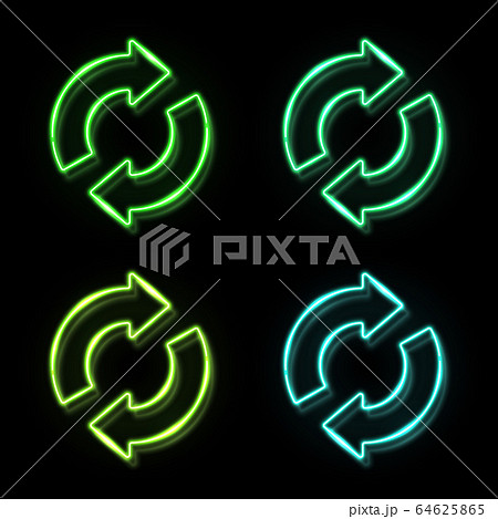 Recycling ecology icon set in neon style on black background. 3d glowing green blue eco sign concept. 2 arrows in circle recycle symbol. Organic natural design element. Bright vector illustration. 64625865