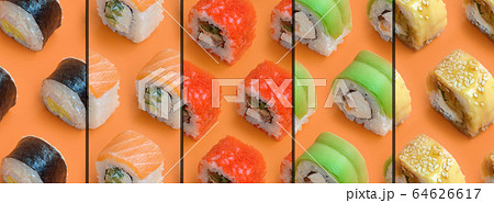 Collage with Different types of asian sushi rolls 64626617