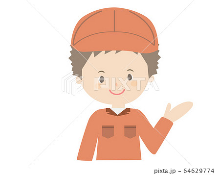 A man in work clothes guiding with a smile. A man in work clothes guiding with a smile. 64629774