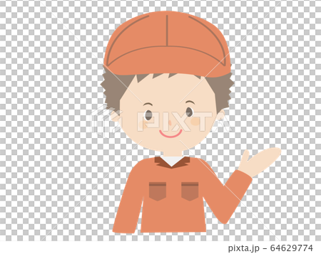 A man in work clothes guiding with a smile. A man in work clothes guiding with a smile. 64629774