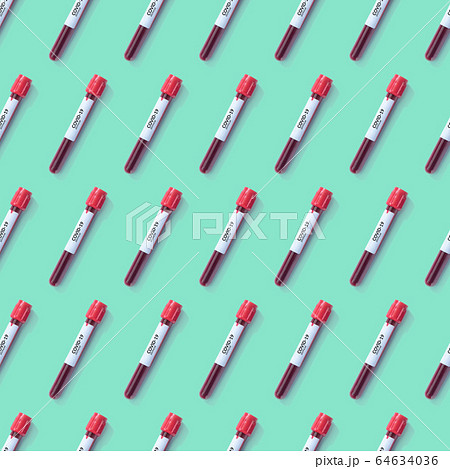 test tube with antibody blood sample with covid-19 label tag for analyzing isolated on green seamless background. laboratory testing, invent drug and vaccine during Coronavirus infection outbreak 64634036