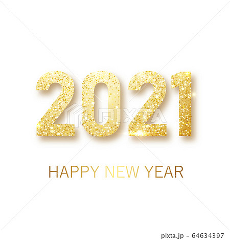 Happy New 2021 Year. Holiday vector illustration of golden metallic numbers 2021. Realistic gold vector sign. Festive poster or banner design 64634397