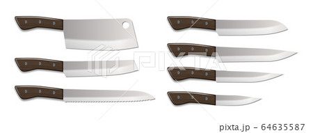 Cutlery realistic set, kitchen knives isolated on white. Chef knife and cutter mockup. vector illustration Cutlery realistic set, kitchen knives isolated on white. Chef knife and cutter mockup. vector illustration 64635587