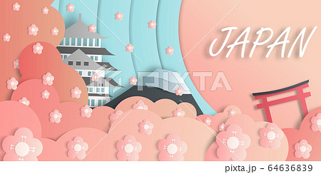 Paper art style poster of landmark in Japan, consist of Mount Fuji, Osaka castle and Torii gate, with sakura tree as foreground and copy space for text and message. 64636839