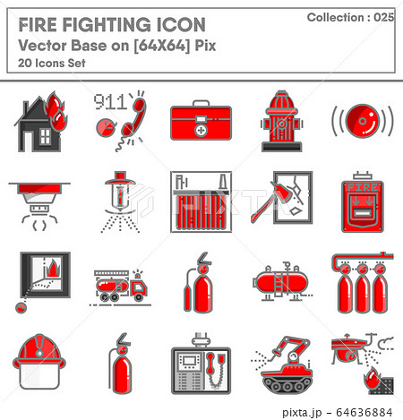 Firefighting and Fire Protection System Safety Icon Set, Firefighter Equipment Tools for Building Fire Prevention Systems. 64636884
