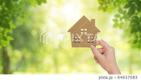 Female hand holding wooden home with blurry green natural in background. 64637083