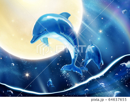 Breaching Dolphins With Full Moon Stock Illustration